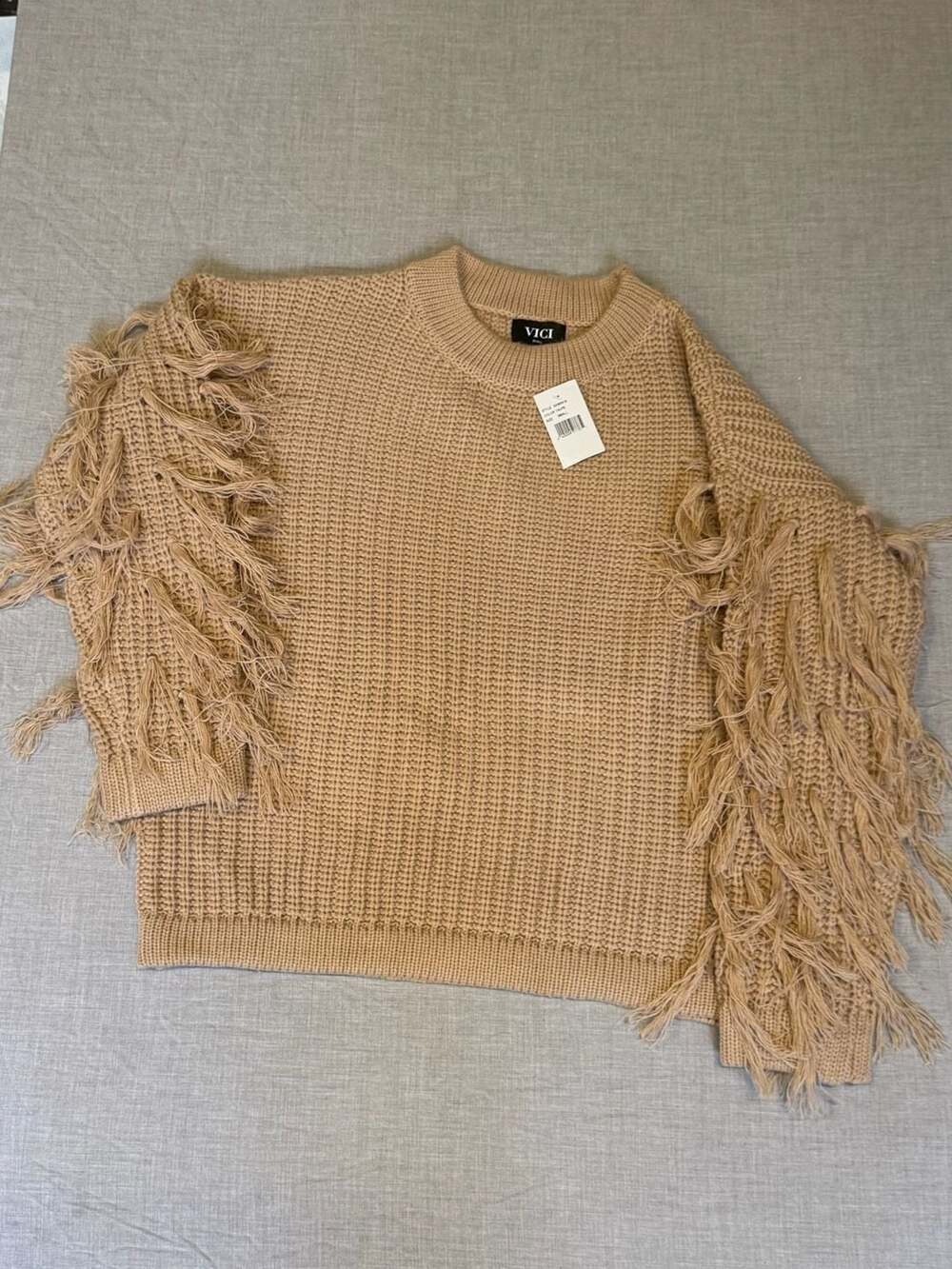 VICI Taupe Fringe Sleeve Chunky Knit Sweater NWT - Picture 2 of 6